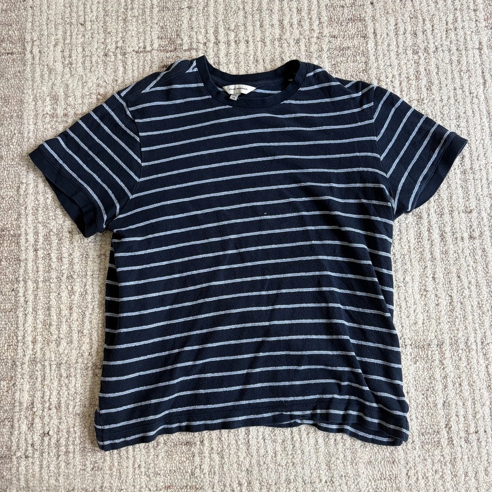 Club Monaco Mens Navy Blue Striped Short Sleeve Crewneck Tee Shirt Size Large